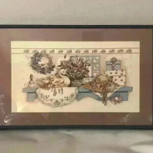 VTG Handmade Cross Stitch Cute Ducks Love Framed e